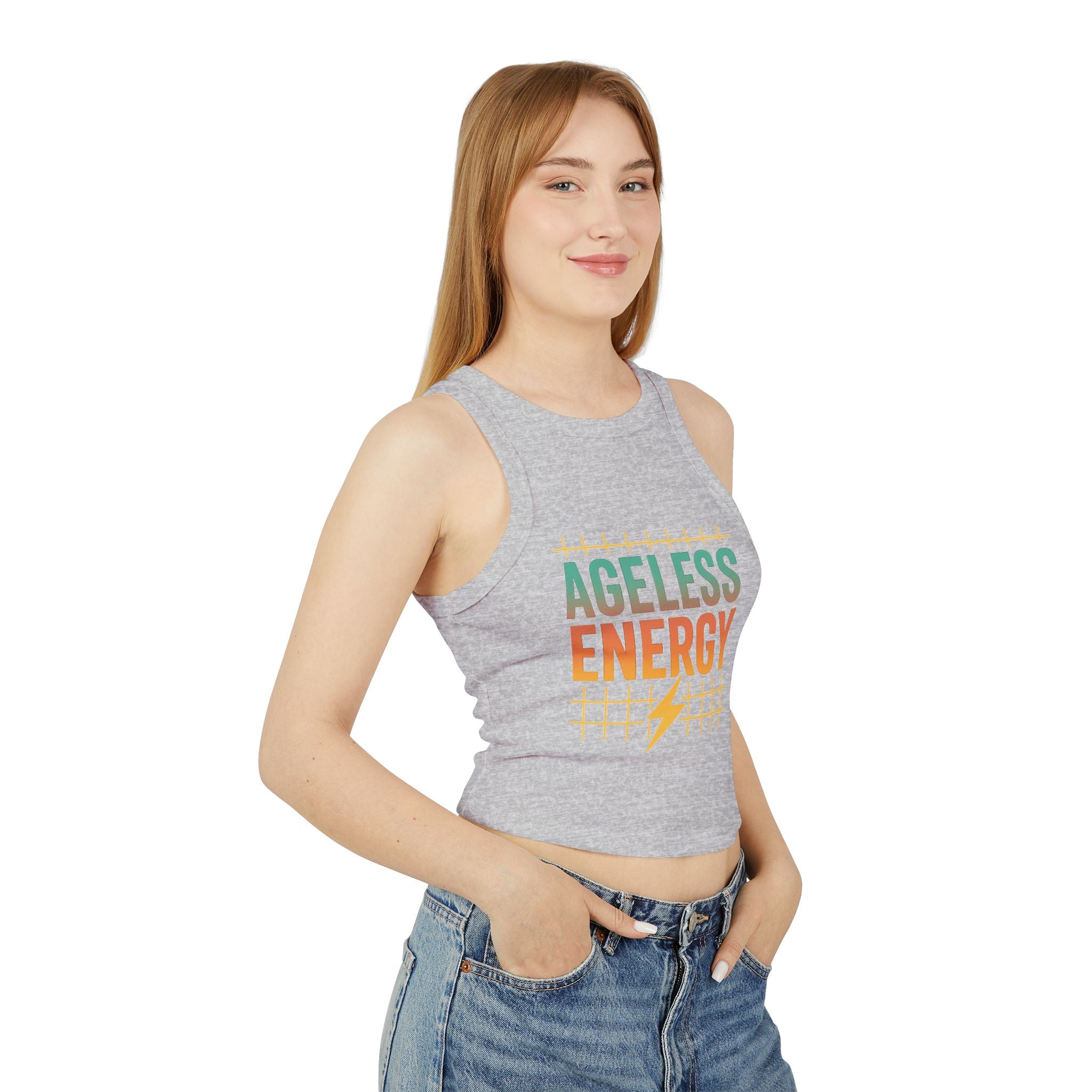 Ageless Energy – Women’s Micro Rib Racer Tank- Stay radiant in this fitted racer-back tank featuring the “Ageless Energy” retro slogan. Ultra-soft, mid-length, and made to move with you.