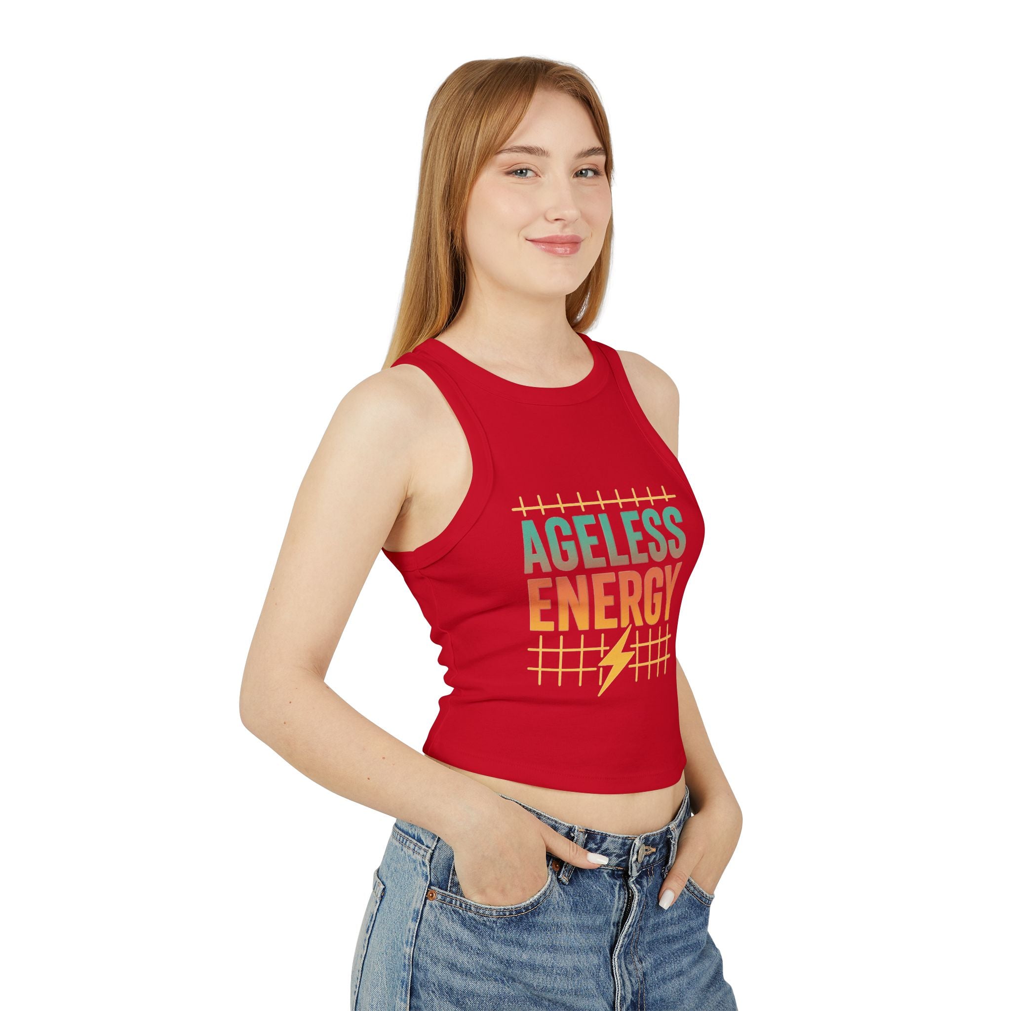 Ageless Energy – Women’s Micro Rib Racer Tank- Stay radiant in this fitted racer-back tank featuring the “Ageless Energy” retro slogan. Ultra-soft, mid-length, and made to move with you.