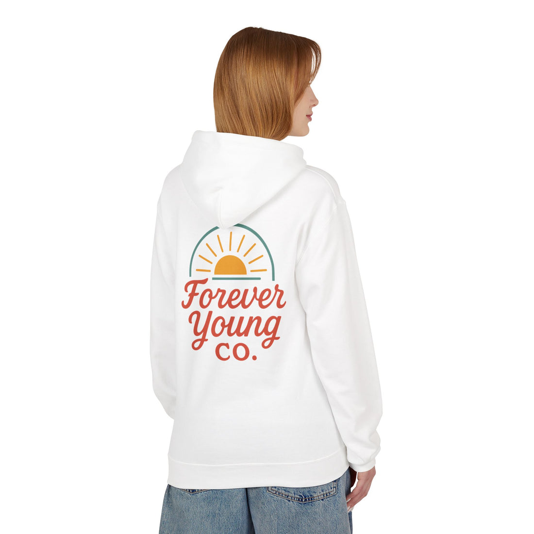 Forever Young Co. Fleece Hoodie - Casual Everyday Wear, Gift for Youth, Screen-Printed Hoody, Trendy Apparel, Cozy Outerwear