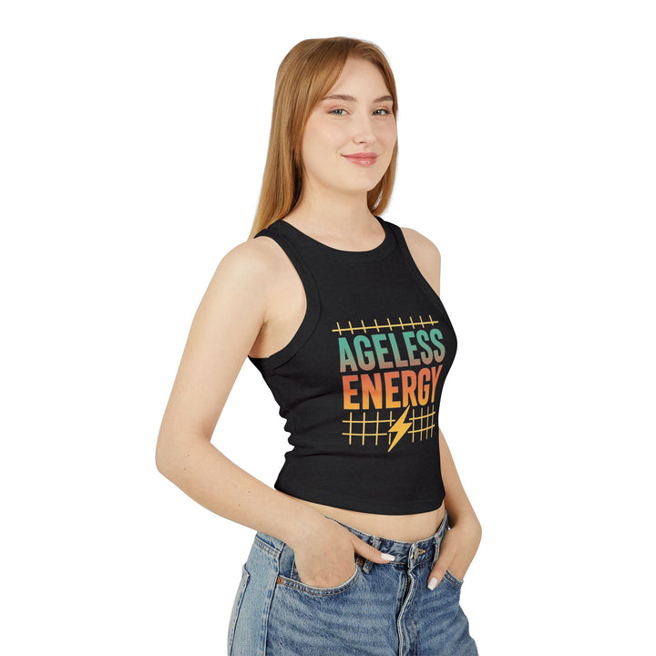 Ageless Energy – Women’s Micro Rib Racer Tank- Stay radiant in this fitted racer-back tank featuring the “Ageless Energy” retro slogan. Ultra-soft, mid-length, and made to move with you.