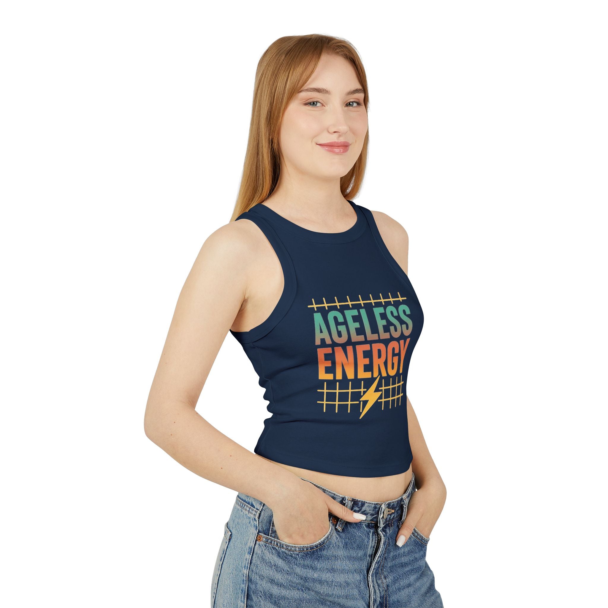 Ageless Energy – Women’s Micro Rib Racer Tank- Stay radiant in this fitted racer-back tank featuring the “Ageless Energy” retro slogan. Ultra-soft, mid-length, and made to move with you.
