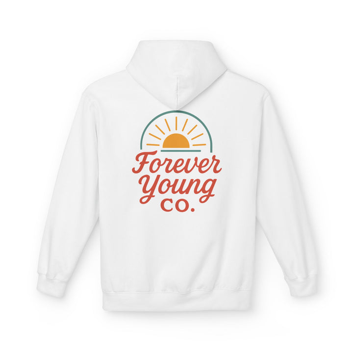 Forever Young Co. Fleece Hoodie - Casual Everyday Wear, Gift for Youth, Screen-Printed Hoody, Trendy Apparel, Cozy Outerwear
