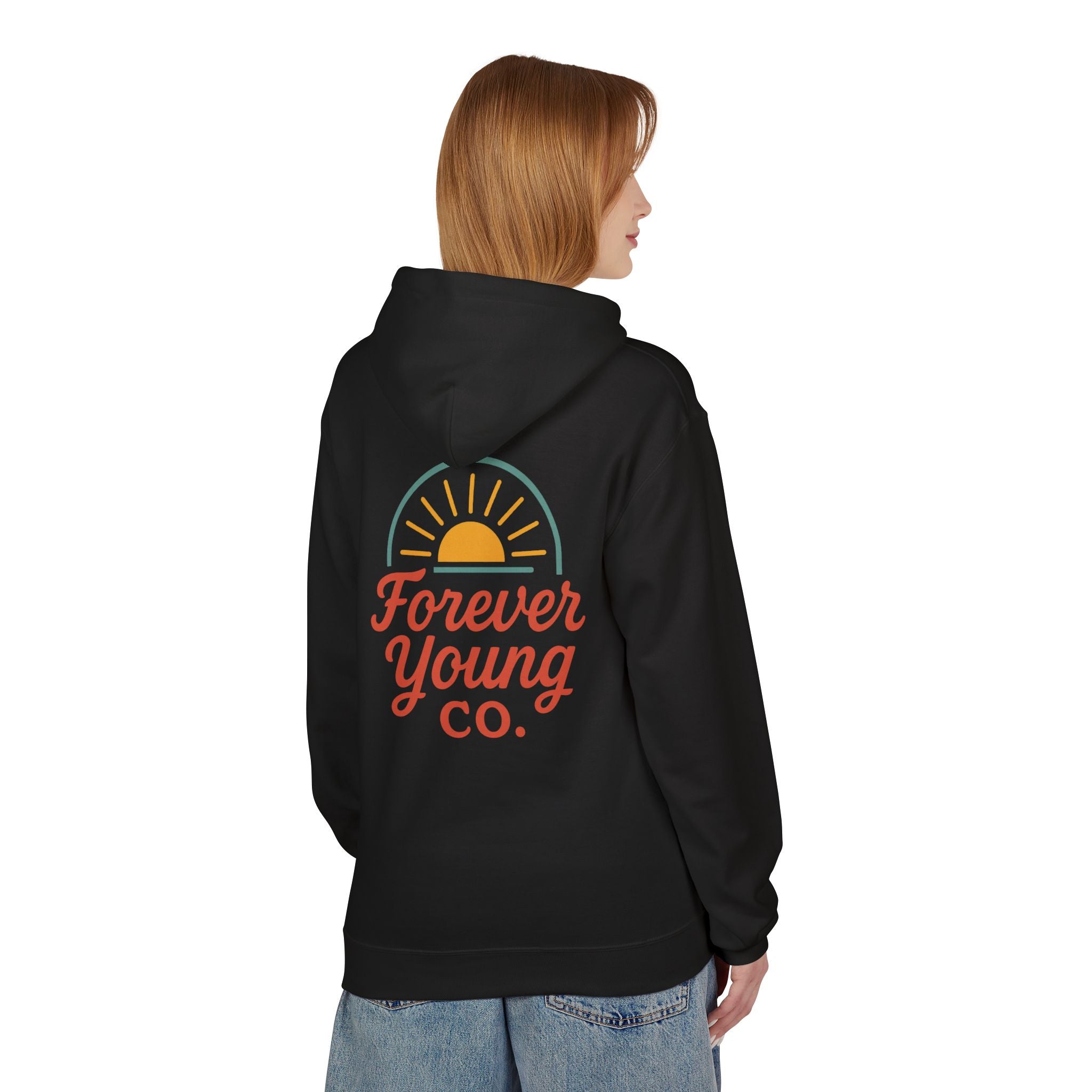Forever Young Co. Fleece Hoodie - Casual Everyday Wear, Gift for Youth, Screen-Printed Hoody, Trendy Apparel, Cozy Outerwear