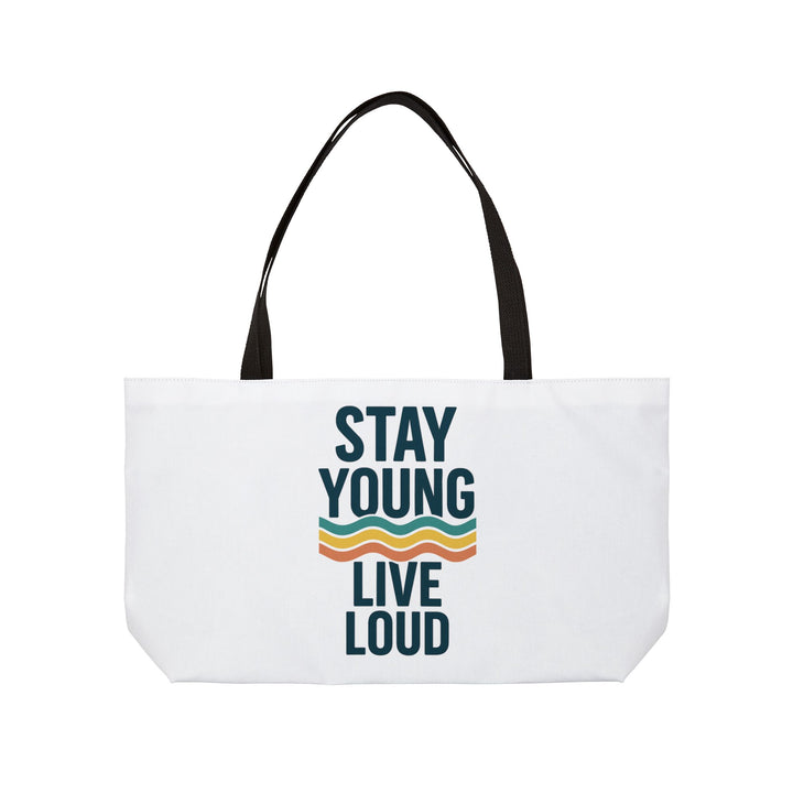 Stay Young, Live Loud – Weekender Tote Bag-Pack bold, live loud. The ultimate oversized tote for your no-limits lifestyle — featuring Forever Young’s signature slogan and wave flair.