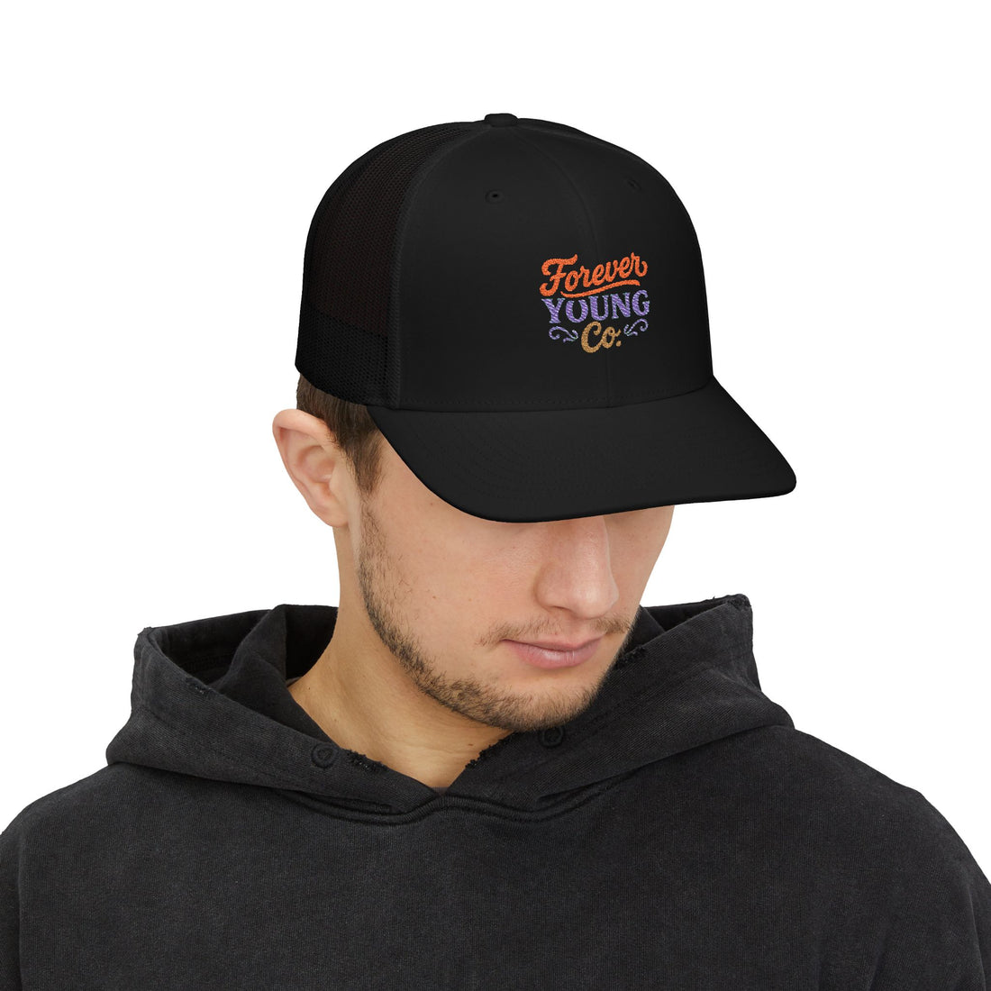 Forever Young Co. – Trucker Snapback Cap-This retro-cool snapback keeps you chill and stylish all day — mesh-back design meets Forever Young Co. attitude for your everyday fits.