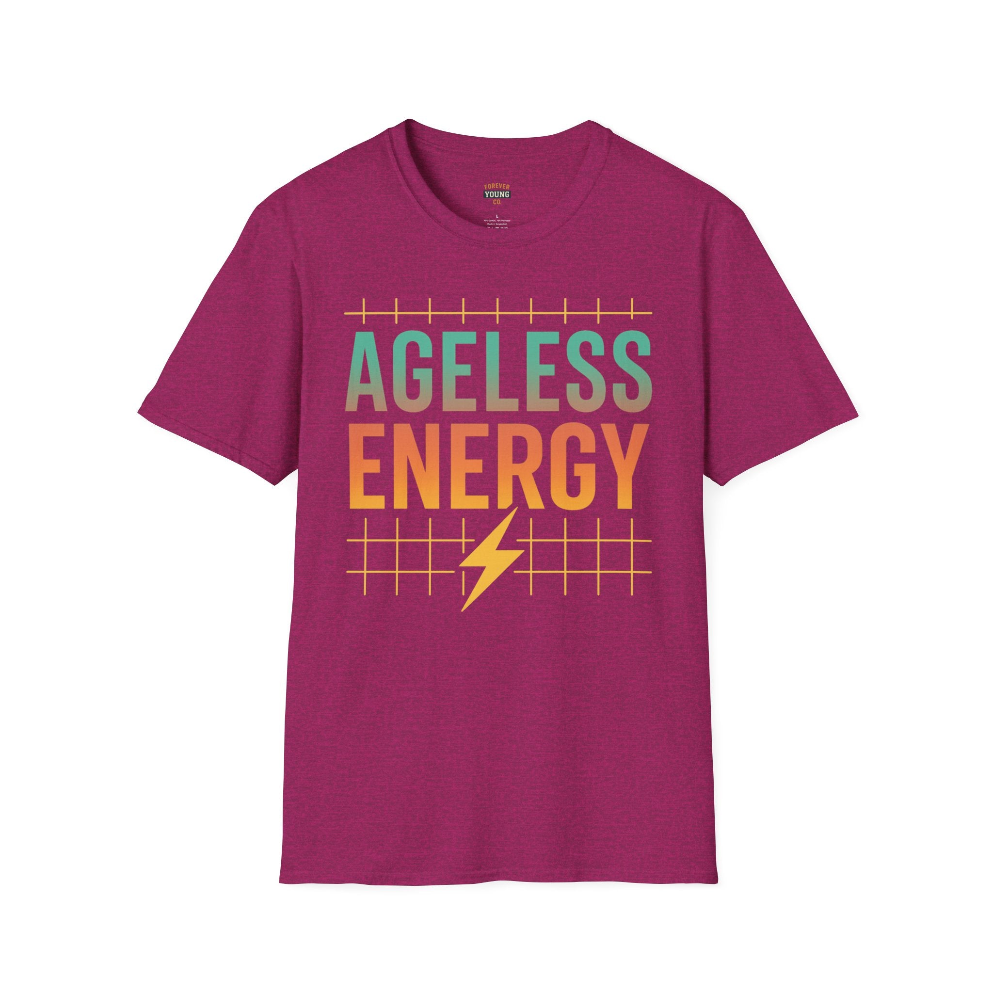 Purple t-shirt with 'AGELESS ENERGY' text and lightning bolt graphic on a white background