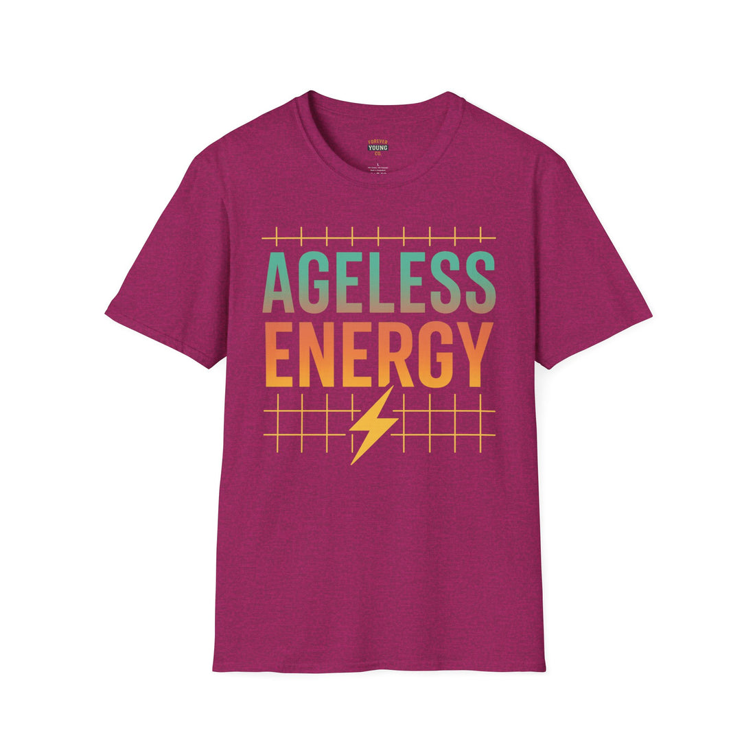 Purple t-shirt with 'AGELESS ENERGY' text and lightning bolt graphic on a white background