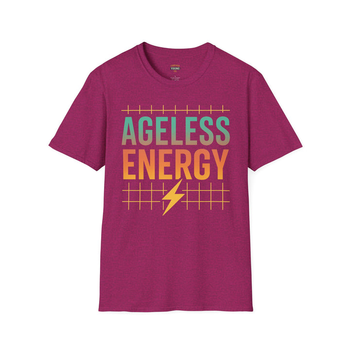 Purple t-shirt with 'AGELESS ENERGY' text and lightning bolt graphic on a white background