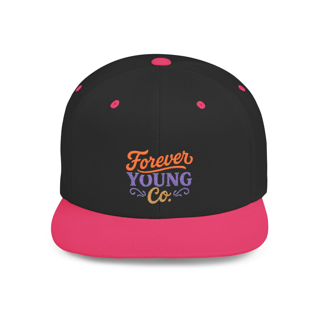 Black and pink cap with 'Forever Young Co.' text on a white background