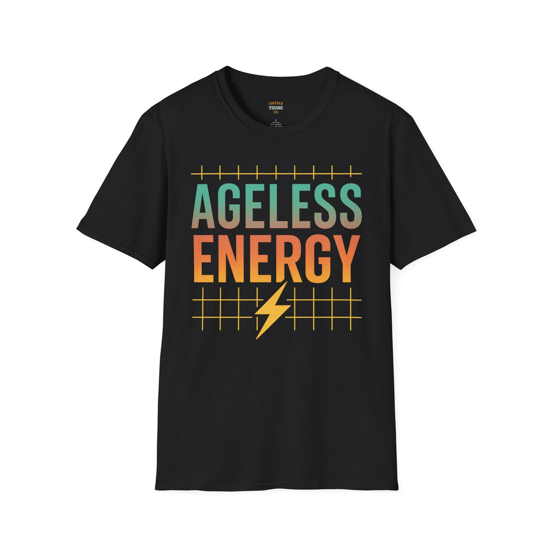 Black t-shirt with 'AGELESS ENERGY' text and lightning bolt graphic on a white background