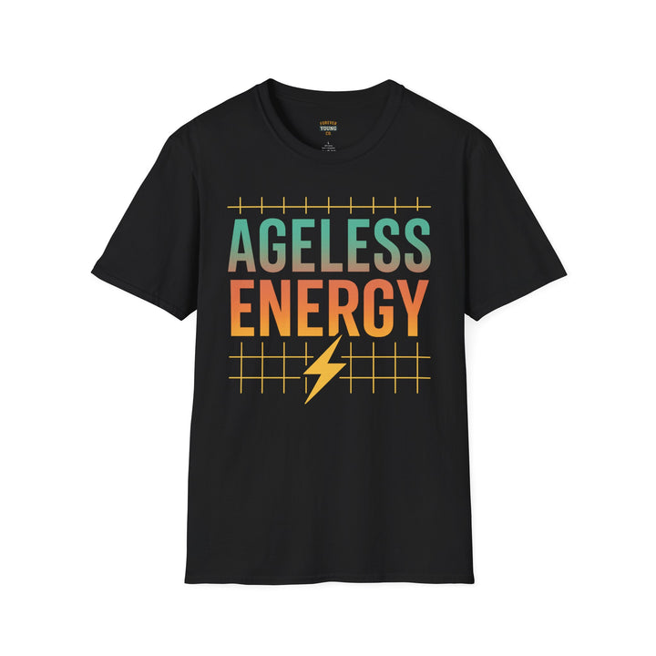 Black t-shirt with 'AGELESS ENERGY' text and lightning bolt graphic on a white background